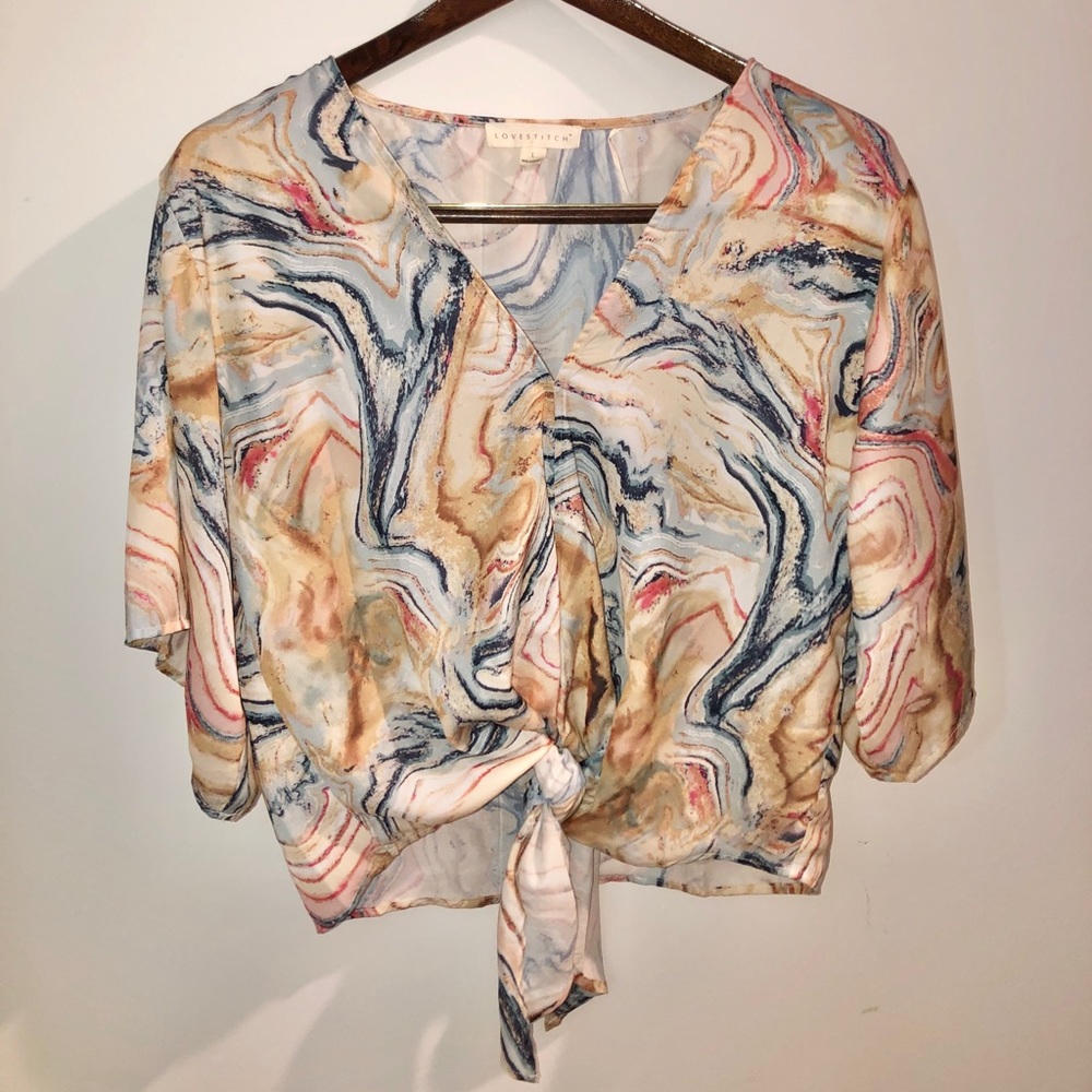 Multi-color Marble Tie-Front Blouse